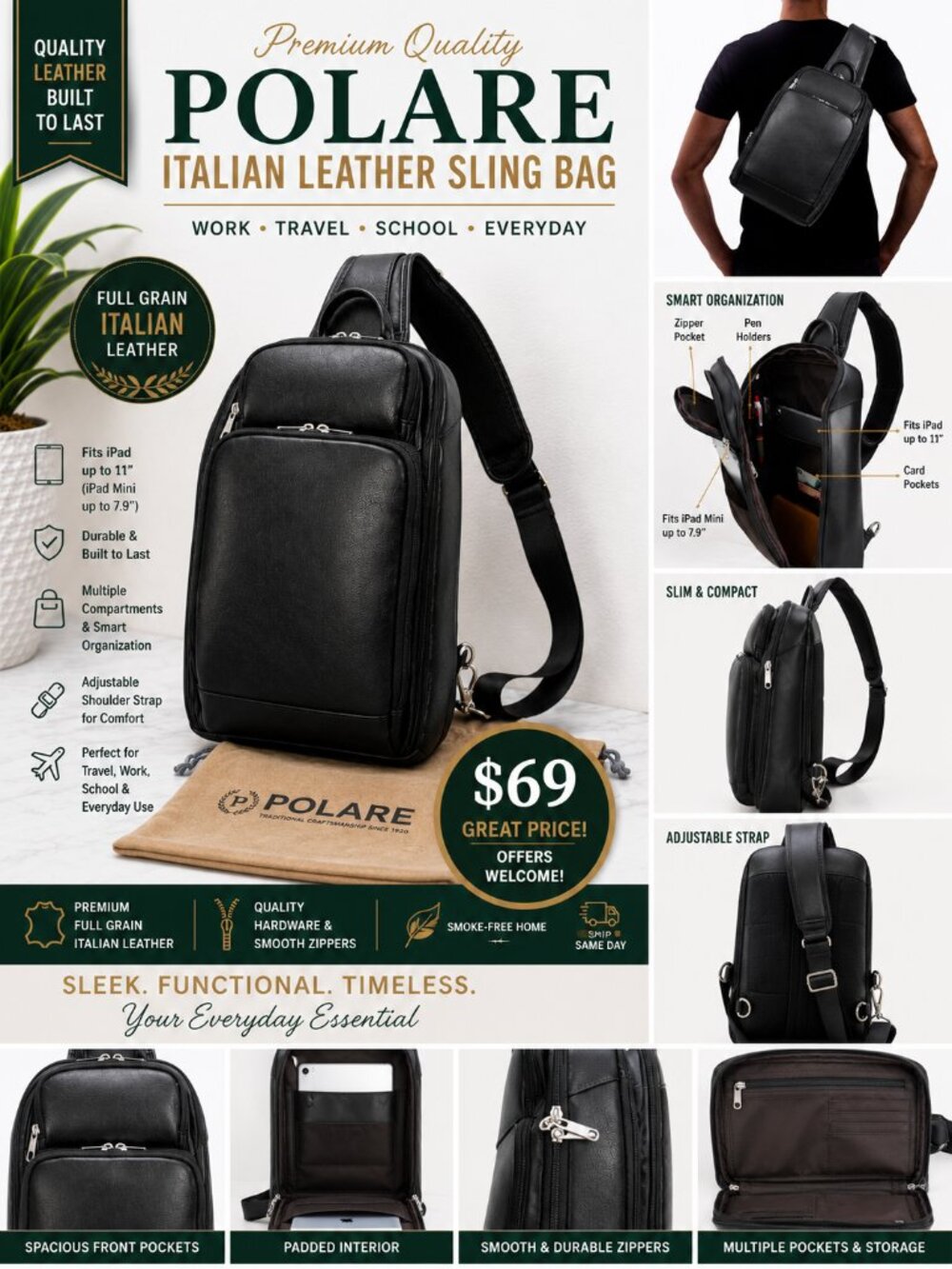 Polare Full Grain Italian Leather Sling Bag Crossbody Backpack Black Travel Work